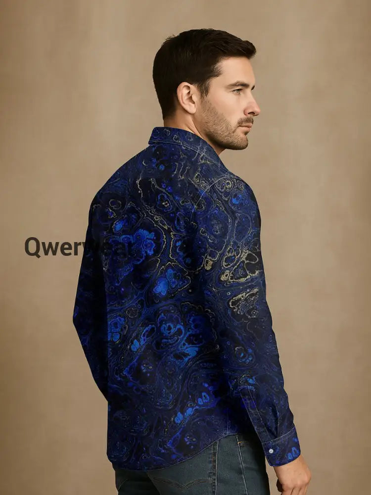Men’s Vintage Lapis Lazuli Gold Textured Abstraction Print Casual Long Sleeve Shirt Mens shirts