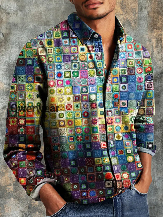 Men’s Vintage Multicolor Geometric Art Print Long Sleeve Pocket Shirt Colorful / S