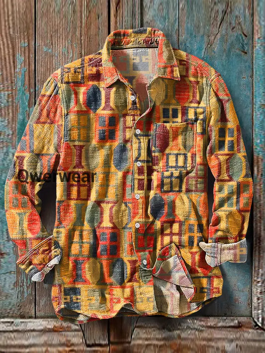 Men’s Vintage Multicolor Irregular Pattern Cotton Linen Long Sleeve Pocket Shirt Colorful / S Mens shirts