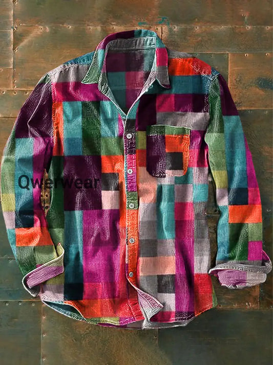 Men’s Vintage Multicolor Plaid Art Print Lapel Long Sleeve Pocket Shirt Rose Red / S Mens shirts
