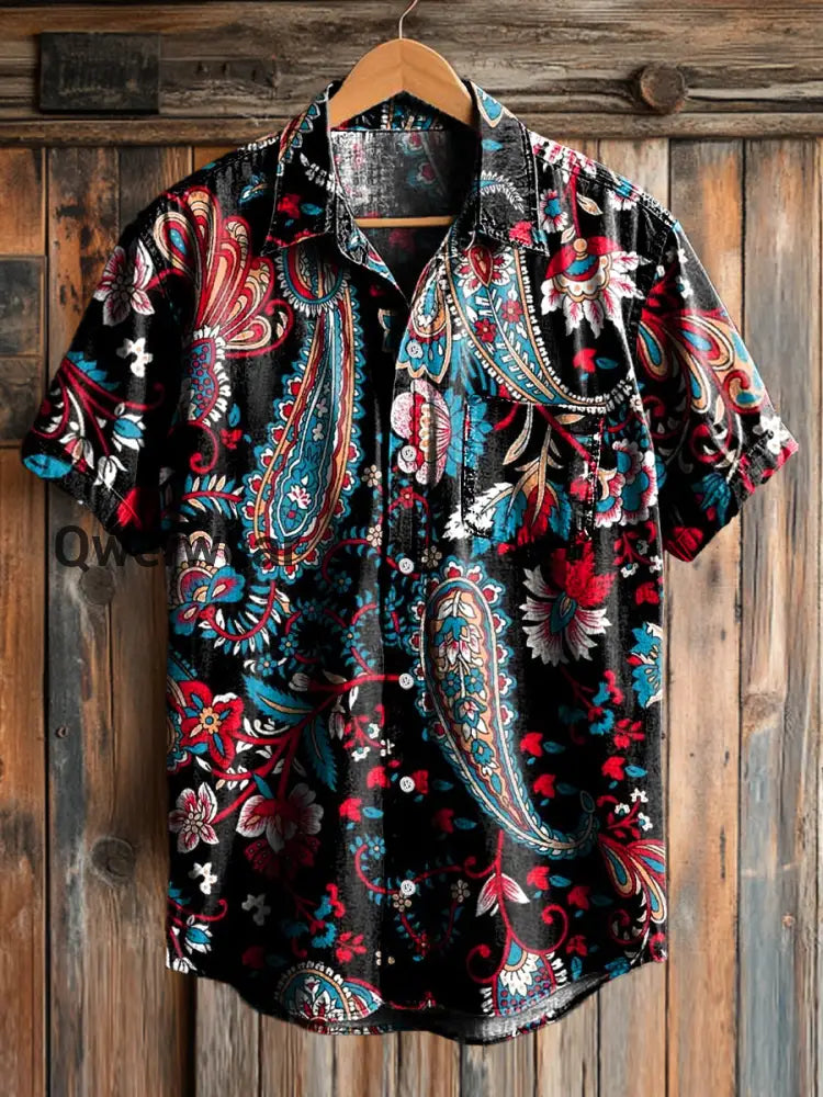 Men’s Vintage Paisley Floral Pattern Short Sleeve Pocket Shirt Colorful / S