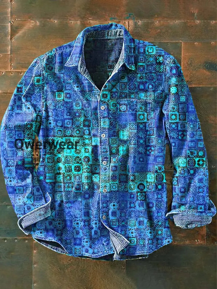 Men’s Vintage Pattern Printed Casual Long Sleeve Lapel Shirt Blue / S