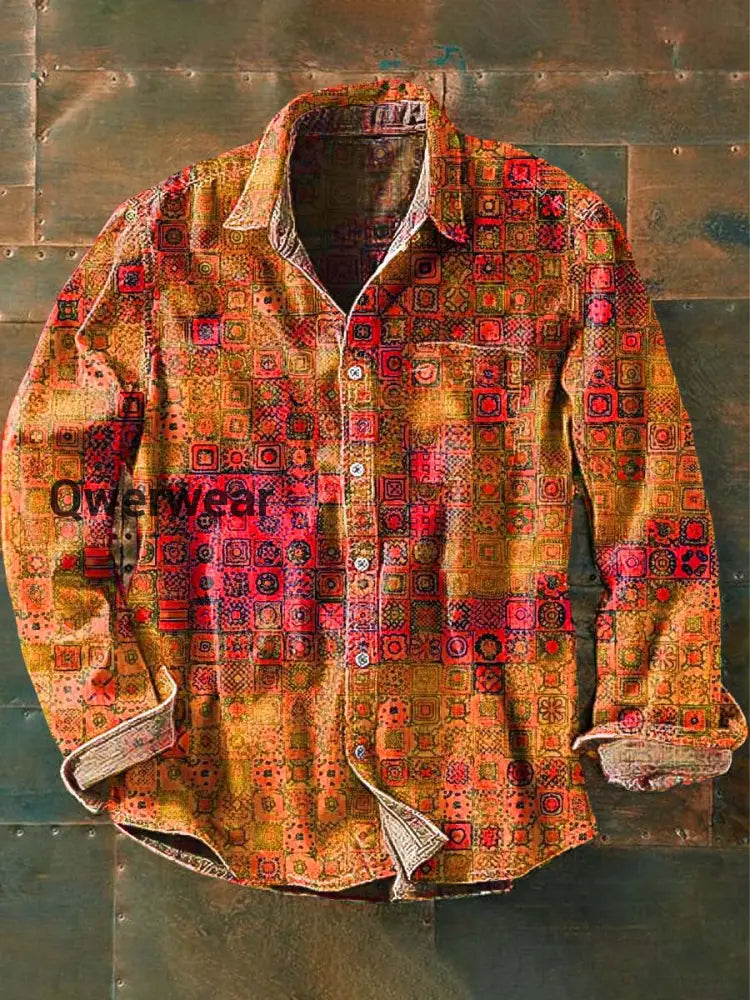 Men’s Vintage Pattern Printed Casual Long Sleeve Lapel Shirt Orange / S