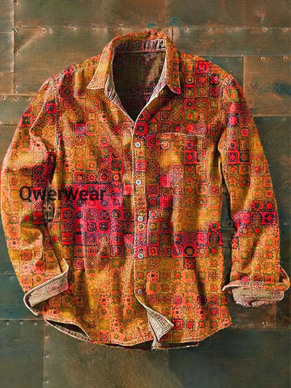 Men’s Vintage Pattern Printed Casual Long Sleeve Lapel Shirt Orange / S