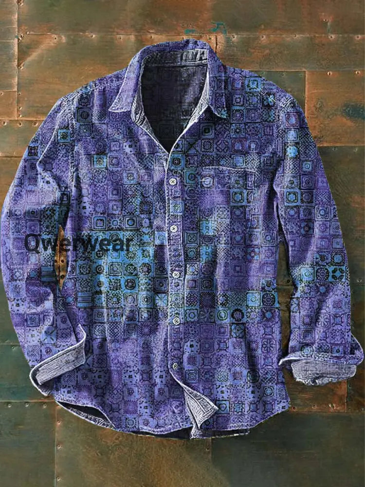 Men’s Vintage Pattern Printed Casual Long Sleeve Lapel Shirt Purple / S