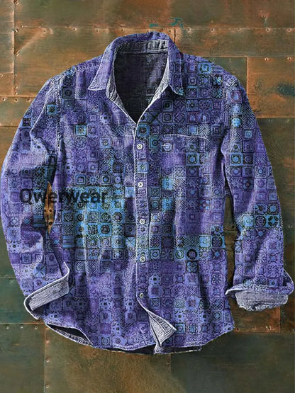Men’s Vintage Pattern Printed Casual Long Sleeve Lapel Shirt Purple / S