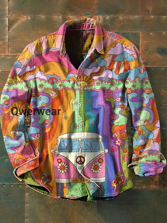 Men’s Vintage Psychedelic Hippie Colorful Car Print Casual Long Sleeve Shirt As picture / S Mens shirts