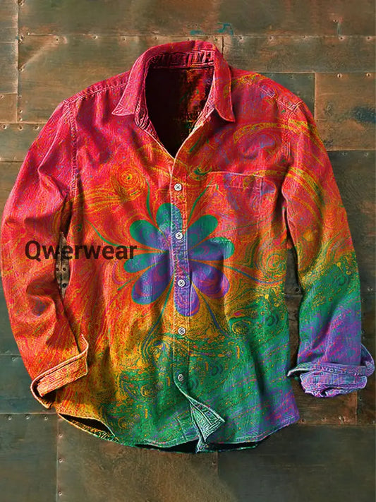 Men’s Vintage Psychedelic Hippie Colorful Flower Print Casual Long Sleeve Shirt As picture / S Mens shirts