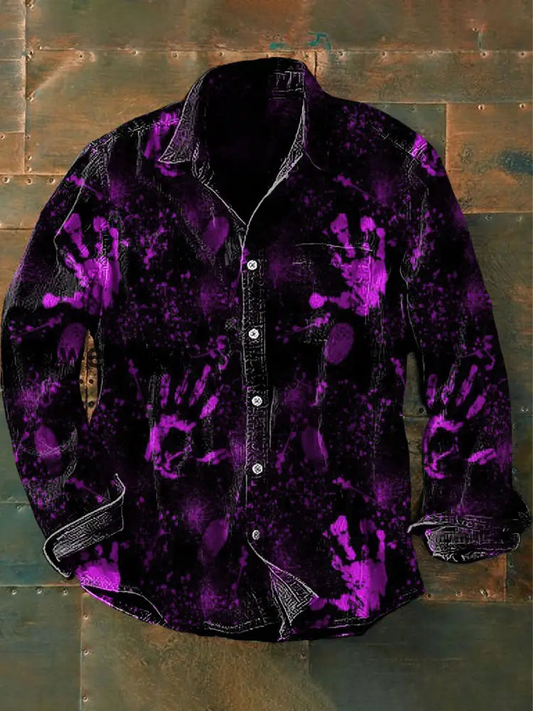 Men’s Vintage Punk Dark Handprints Art Print Casual Long Sleeve Shirt Black / S Mens shirts