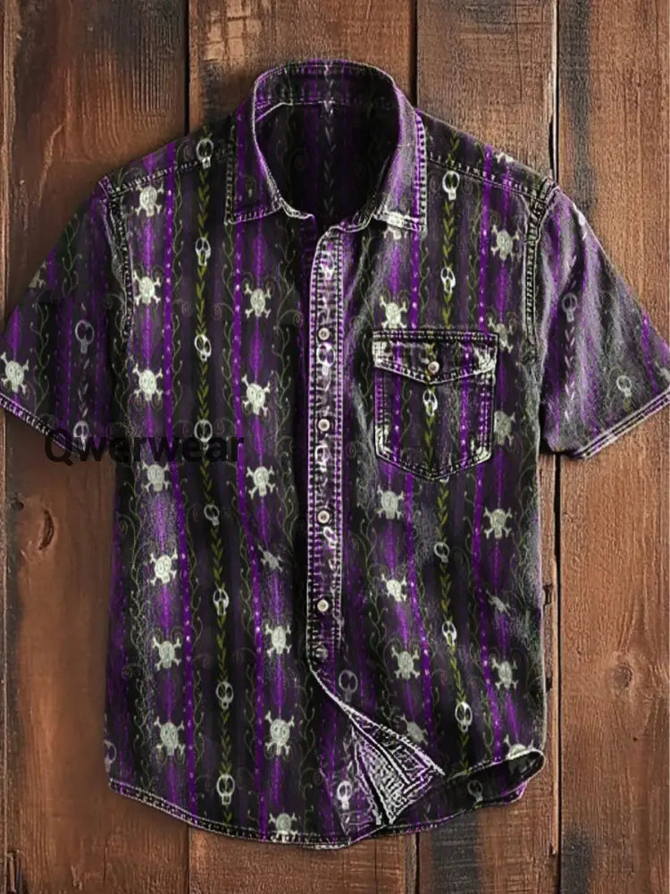 Unisex Men’s Vintage Punk Death Vine Art Abstract Print Casual Short Sleeve Pocket Shirt Purple / S