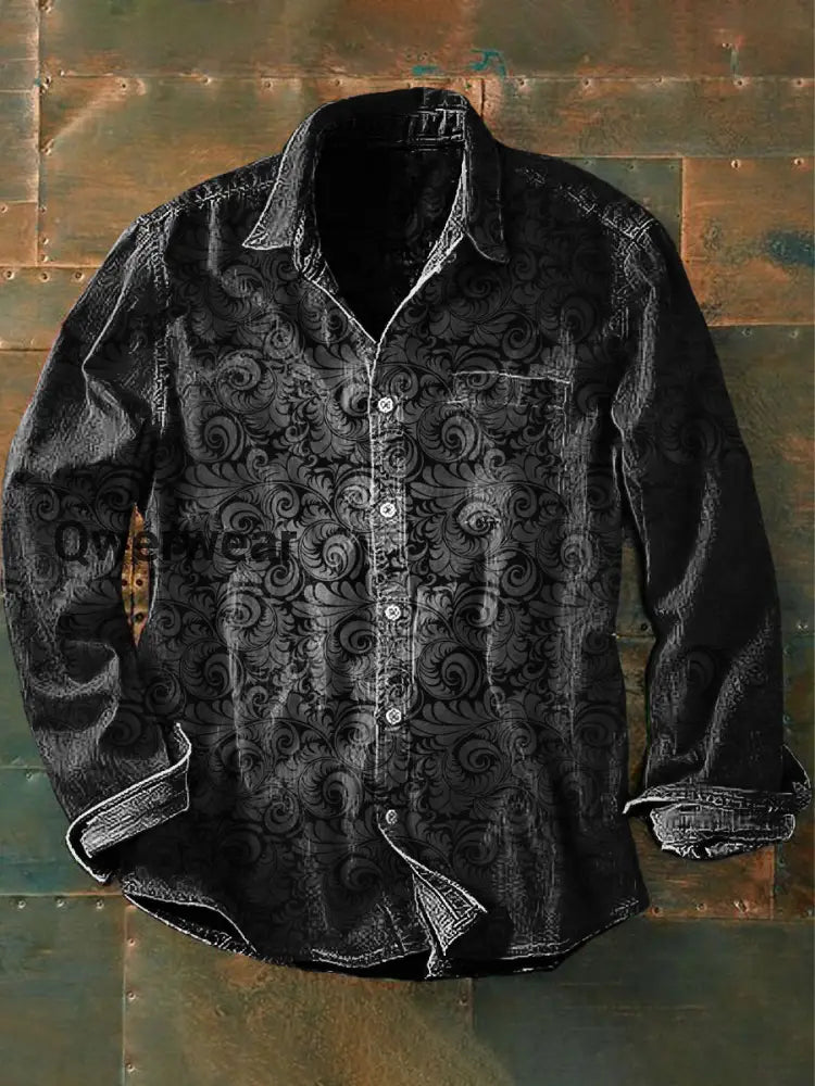 Men’s Vintage Punk Gothic Art Print Casual Long Sleeve Shirt Gray / S Mens shirts