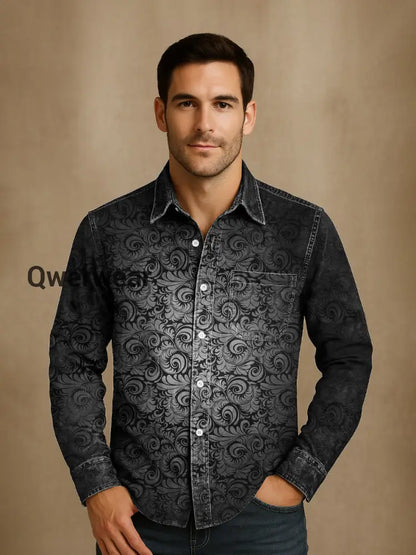 Men’s Vintage Punk Gothic Art Print Casual Long Sleeve Shirt Mens shirts