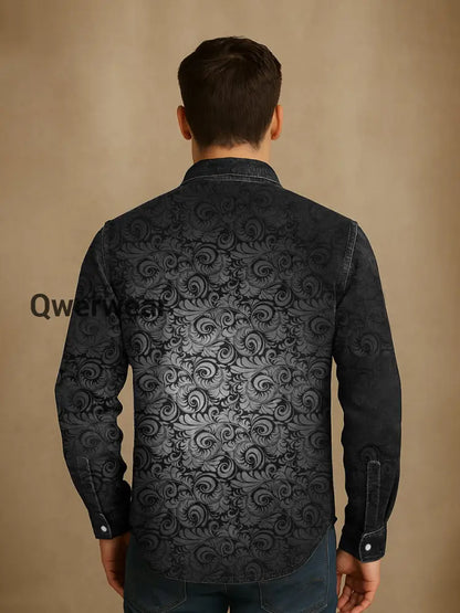 Men’s Vintage Punk Gothic Art Print Casual Long Sleeve Shirt Mens shirts
