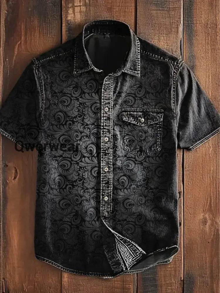 Men’s Vintage Punk Gothic Art Print Casual Long Sleeve Shirt Short Sleeve / S Mens shirts