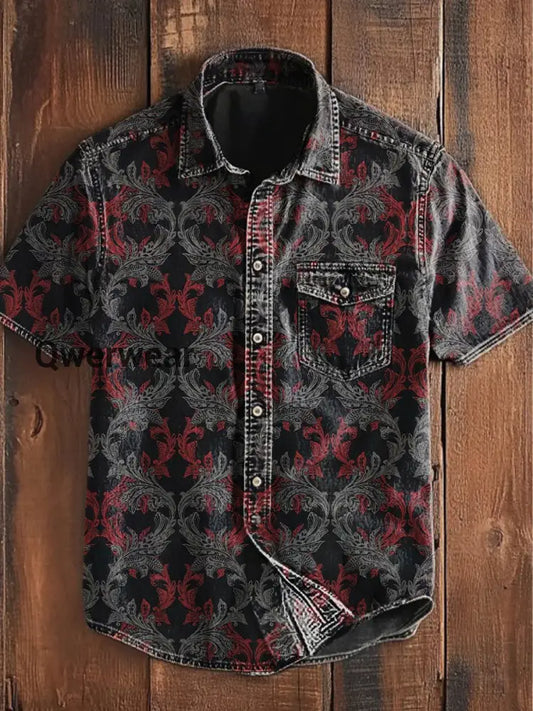 Unisex Men’s Vintage Punk Gothic Colorful Floral Patterns Abstract Print Casual Short Sleeve Pocket Shirt Dark Gray / S