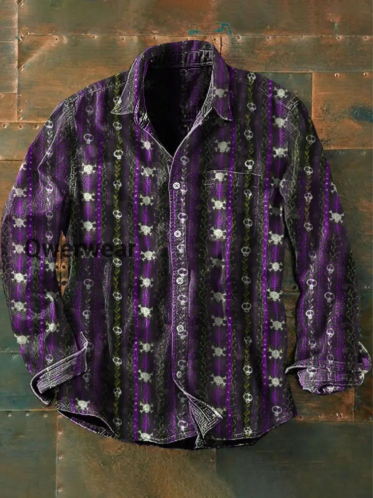 Unisex Men’s Vintage Punk Gothic Death Vine Skulls Abstract Print Casual Long Sleeve Shirt Purple / S Mens shirts