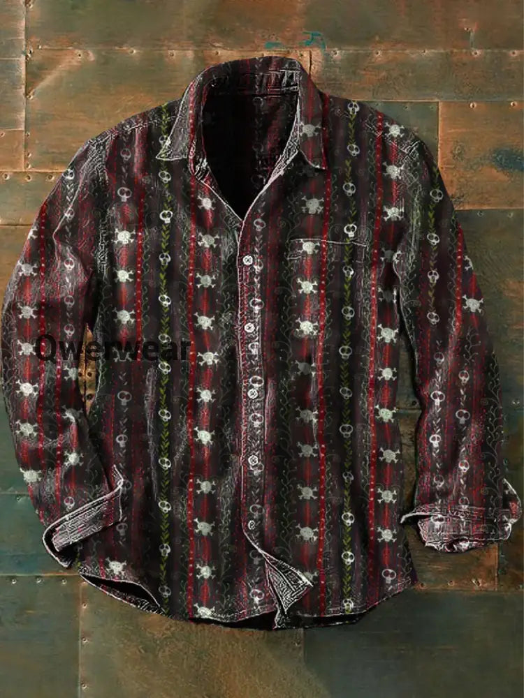 Unisex Men’s Vintage Punk Gothic Death Vine Skulls Abstract Print Casual Long Sleeve Shirt Red / S Mens shirts