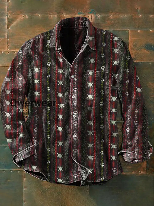 Unisex Men’s Vintage Punk Gothic Death Vine Skulls Abstract Print Casual Long Sleeve Shirt Red / S Mens shirts