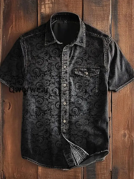 Unisex Men’s Vintage Punk Gothic Gradient Swirl Patterns Abstract Print Casual Short Sleeve Pocket Shirt Black / S