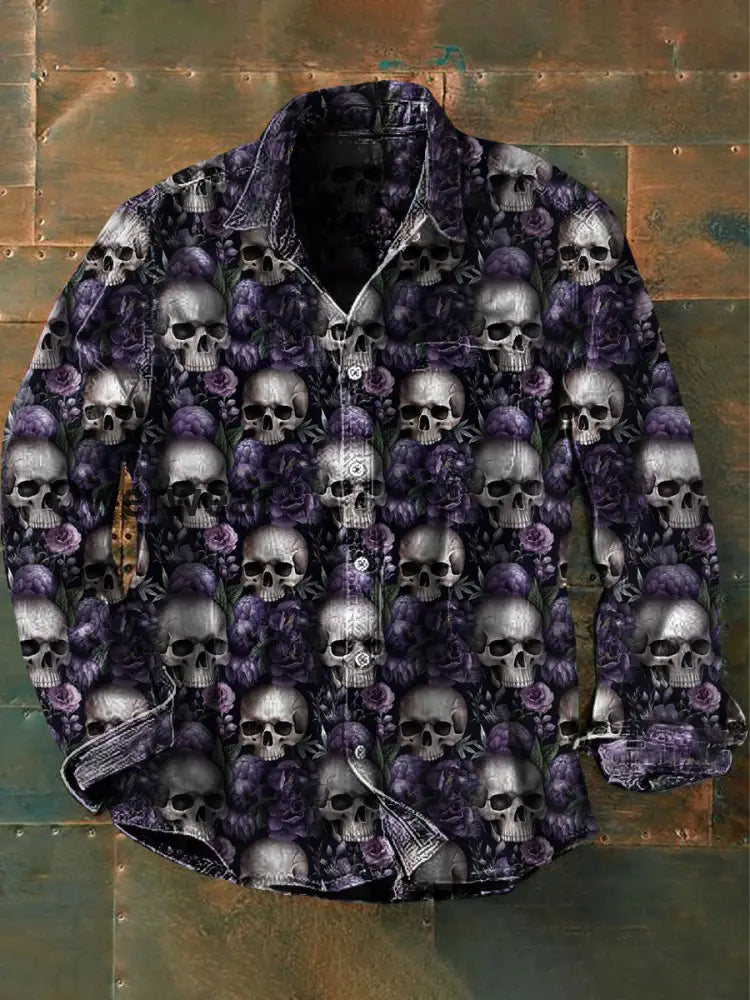 Unisex Men’s Vintage Punk Gothic Skull Rose Abstract Print Casual Long Sleeve Shirt Purple / S Mens shirts