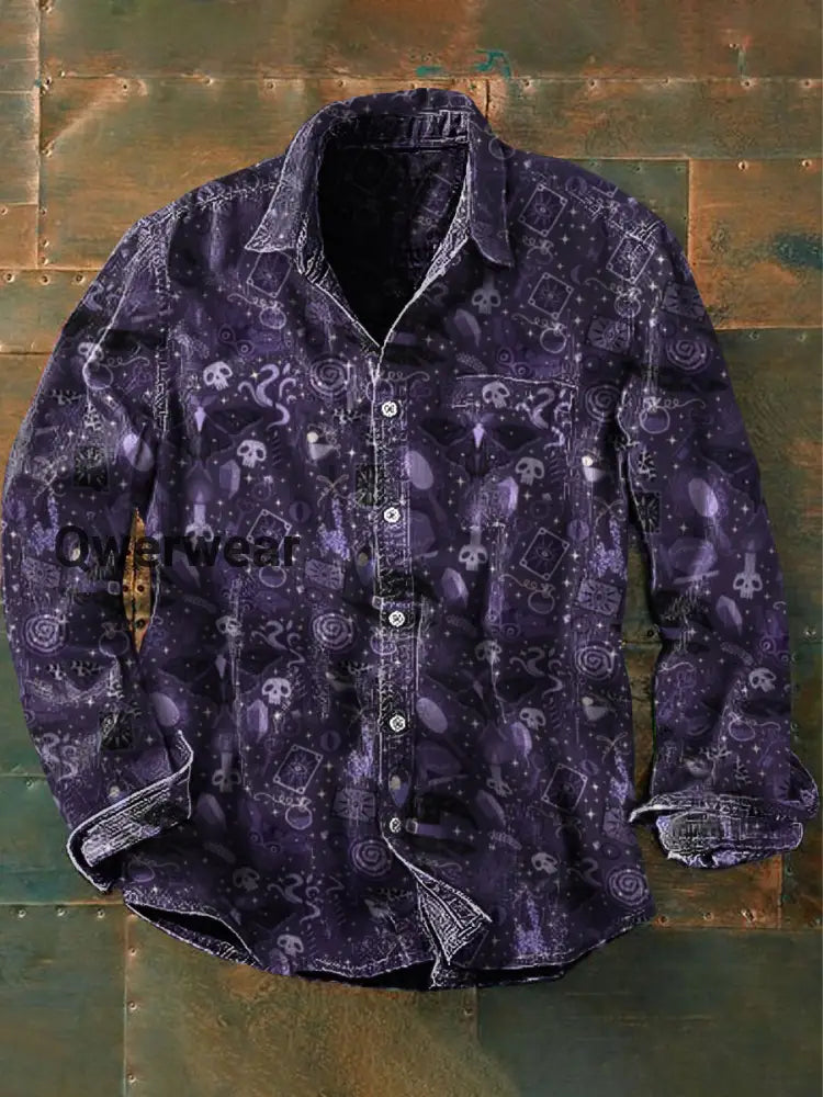 Unisex Men’s Vintage Punk Gothic Skull Space Cat Abstract Print Casual Long Sleeve Shirt Purple / S Mens shirts