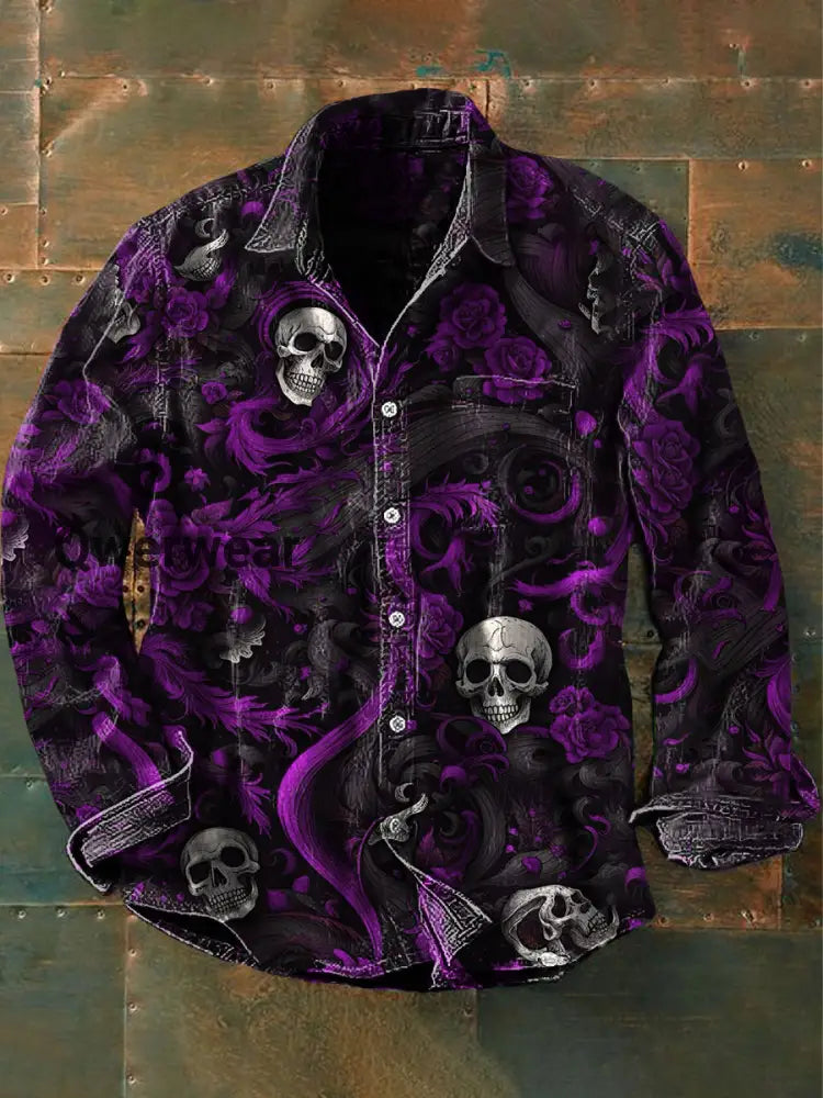 Men’s Vintage Punk Skull Flower Art Print Casual Long Sleeve Shirt Purple / S Mens shirts