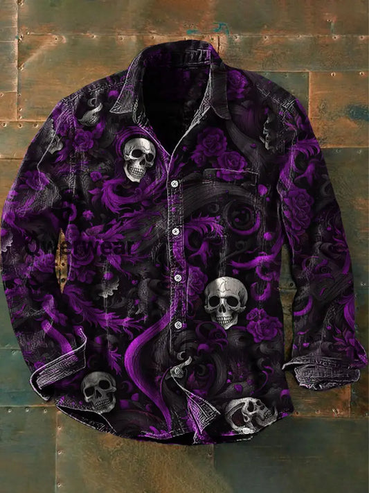 Men’s Vintage Punk Skull Flower Art Print Casual Long Sleeve Shirt Purple / S Mens shirts