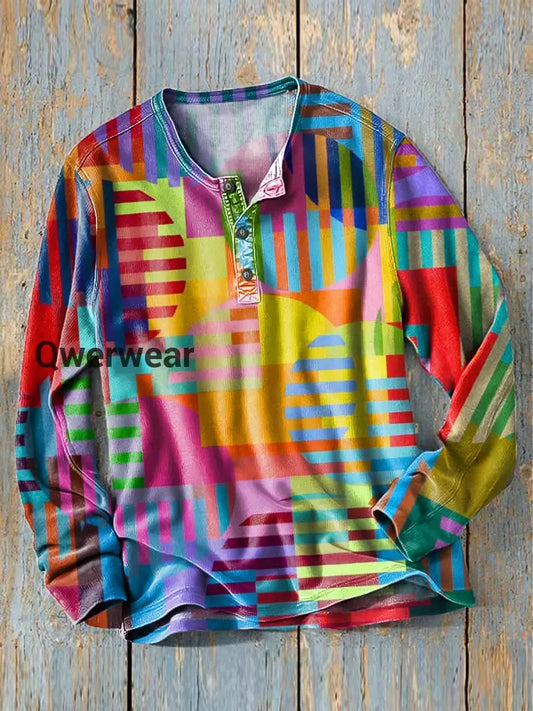 Men’s Vintage Rainbow Color Geometric Line Pattern Long Sleeve Henley Shirt Colorful / S Mens shirts