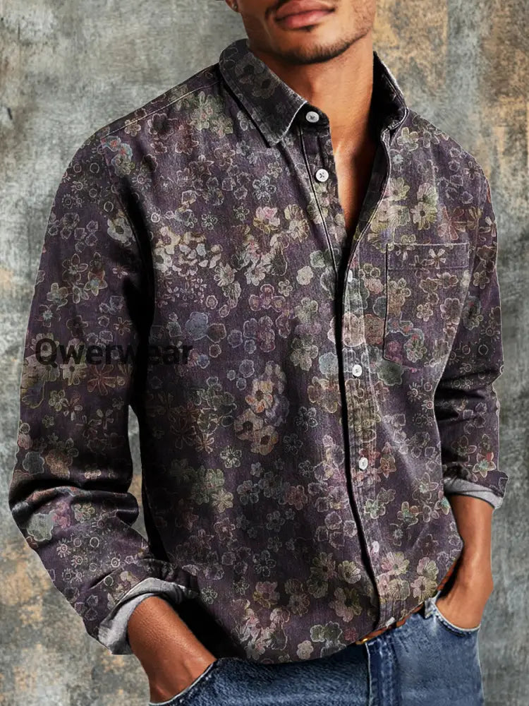 Men’s Vintage Romantic Floral Art Print Casual Long Sleeve Shirt Colorful / S