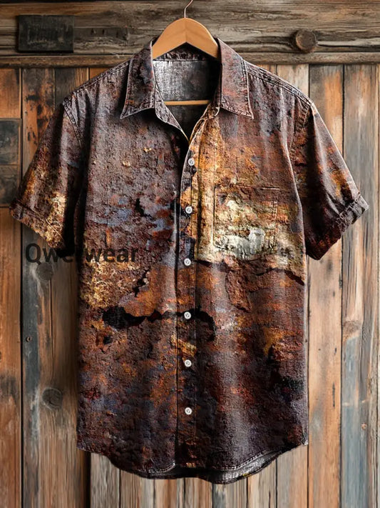 Men’s Vintage Rust Print Casual Short Sleeve Pocket Shirt Colorful / S