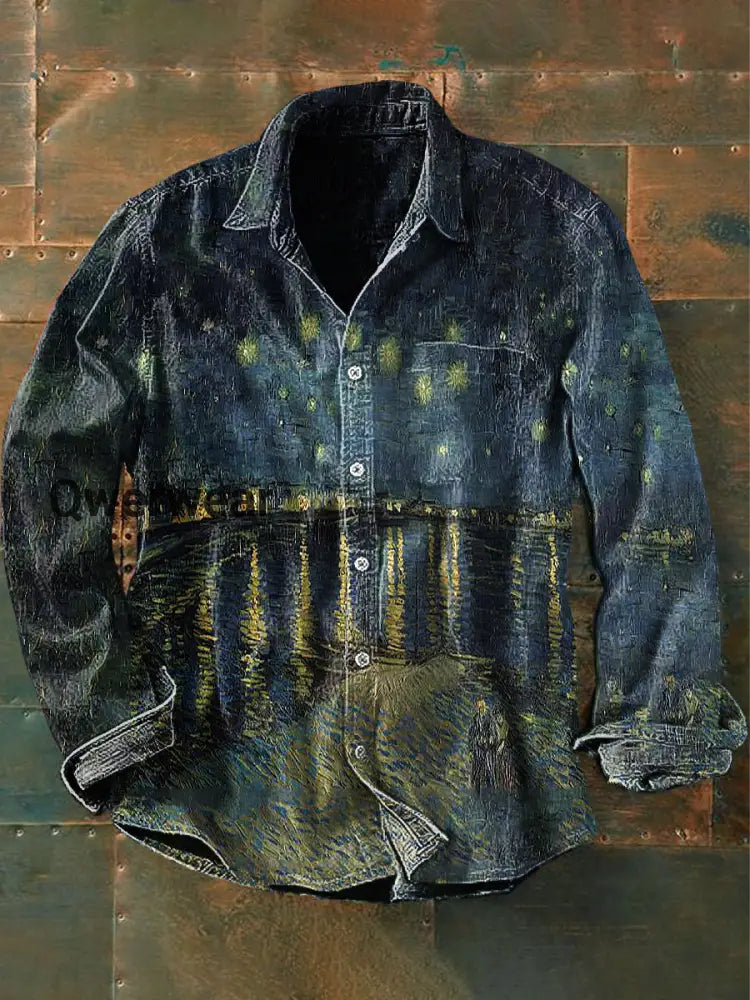 Men’s Vintage Starry Night on the Rhone Abstraction Print Casual Long Sleeve Shirt Navy Blue / S Mens shirts