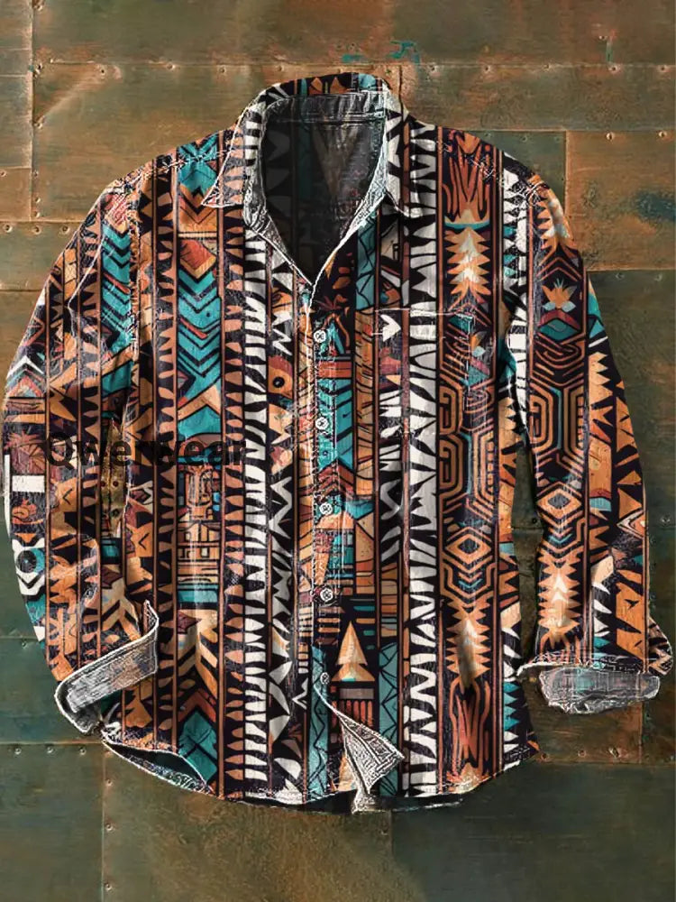 Men’s Vintage Tribal Pattern Printed Casual Long Sleeve Lapel Shirt As picture / S