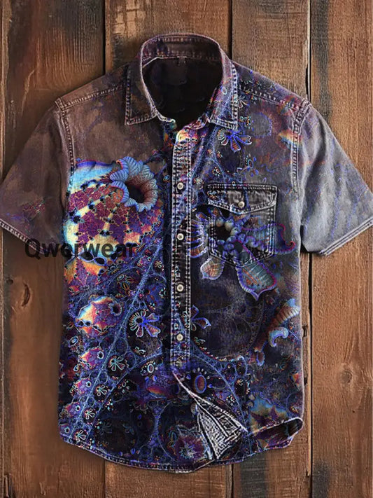 Unisex Men’s Vintage Western Colorful 3D Floral Art Abstract Print Casual Pocket Short Sleeve Shirt Purple / S