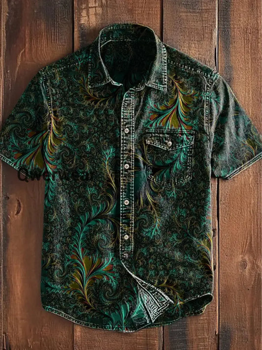 Unisex Men’s Vintage Western Colorful Mandala Feather Abstract Print Casual Pocket Short Sleeve Shirt Green / S