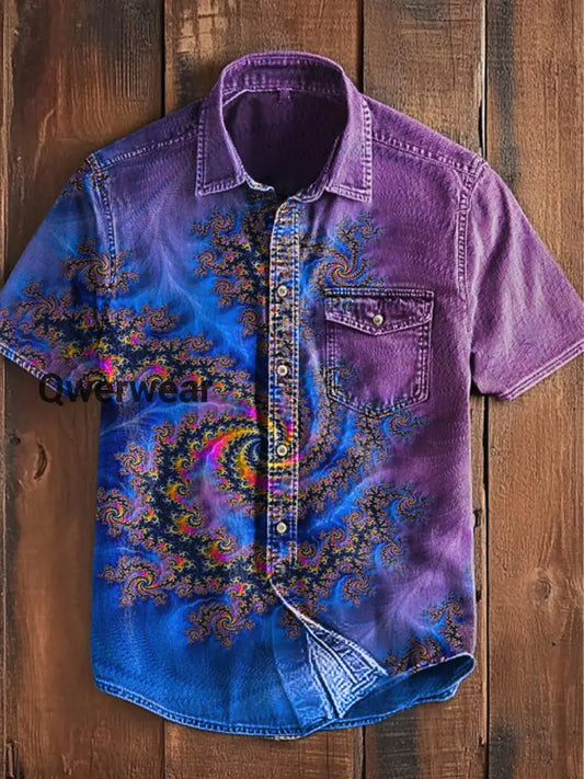 Unisex Men’s Vintage Western Colorful Swirl Mandala Art Designs Abstract Print Casual Short Sleeve Pocket Shirt Purple