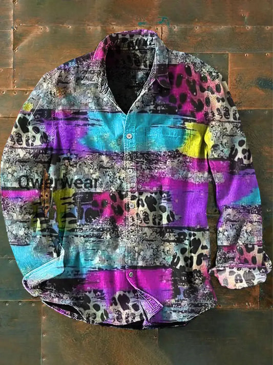 Unisex Men’s Vintage Western Colourful Leopard Abstract Print Casual Long Sleeve Shirt As picture / S