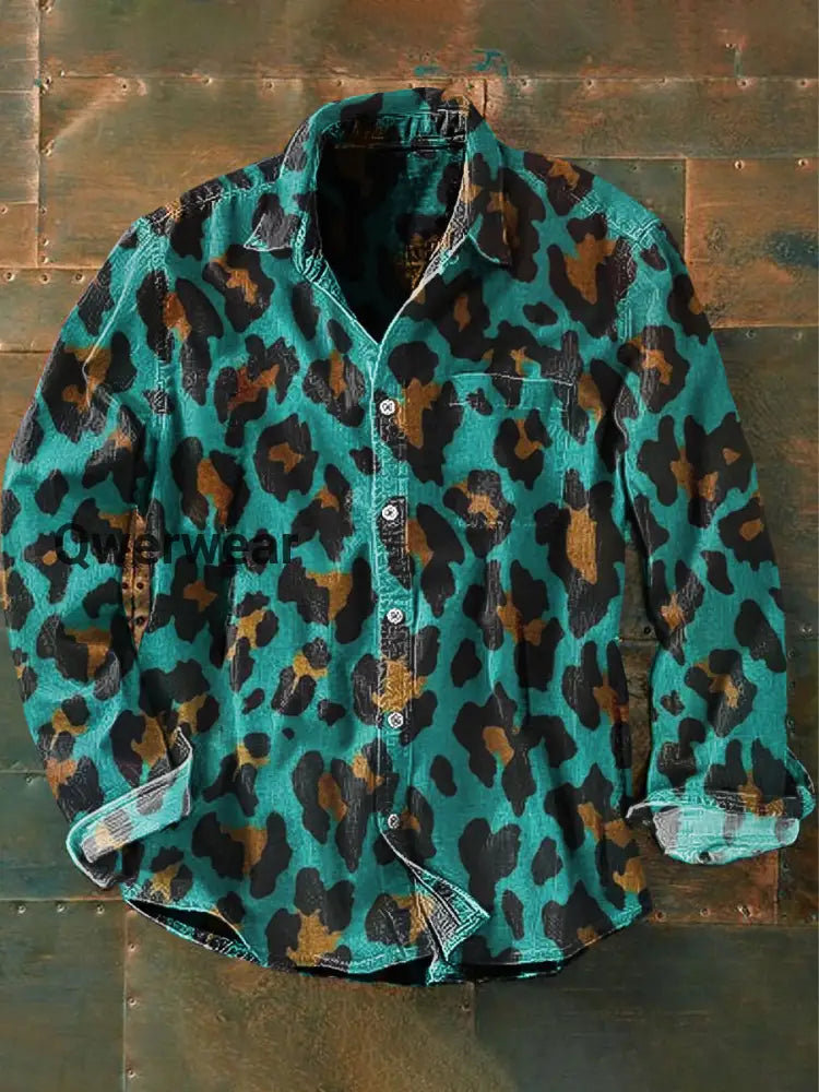 Unisex Men’s Vintage Western Colourful Leopard Abstract Print Casual Long Sleeve Shirt Blue / S