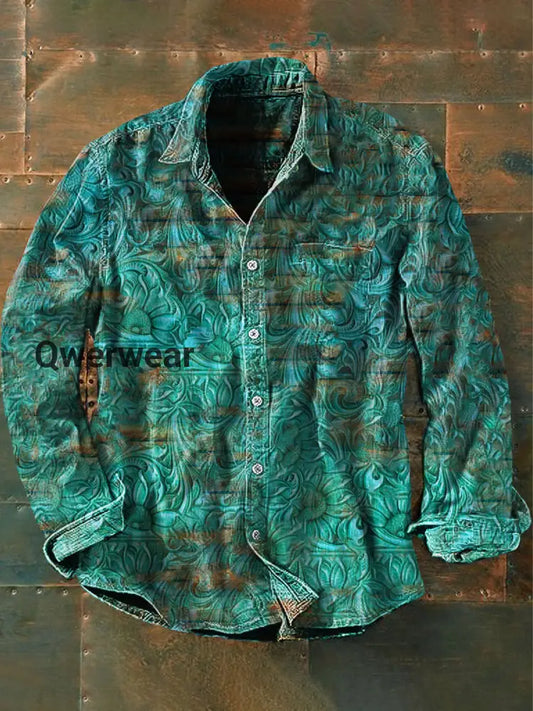 Unisex Men’s Vintage Western Ethnic Coral Blue Colourful Floral Abstract Print Casual Long Sleeve Shirt Blue / S Mens