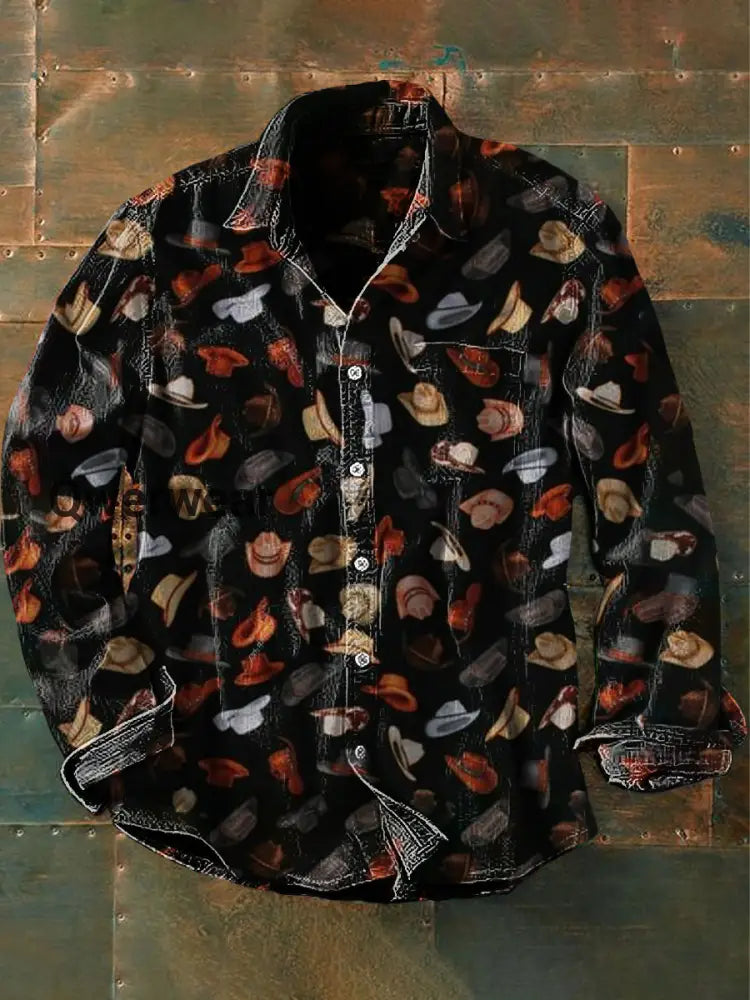 Unisex Men’s Vintage Western Ethnic Cowboy Colourful Hat Abstract Print Casual Long Sleeve Shirt Black / S Mens shirts