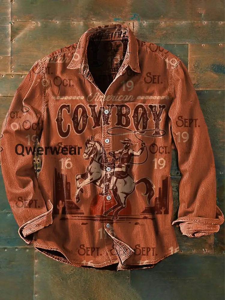 Unisex Men’s Vintage Western Ethnic Horseback Riding Cowboy Abstract Print Casual Long Sleeve Shirt Orange / S Mens