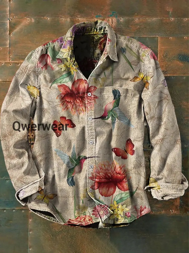 Unisex Men’s Vintage Western Ethnic Peaceful Floral Hummingbird Abstract Print Casual Long Sleeve Shirt As picture / S