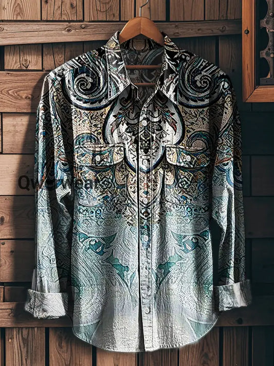 Men’s Vintage Western Floral Art Print Long Sleeve Workwear Pocket Shirt Colorful / S Mens shirts