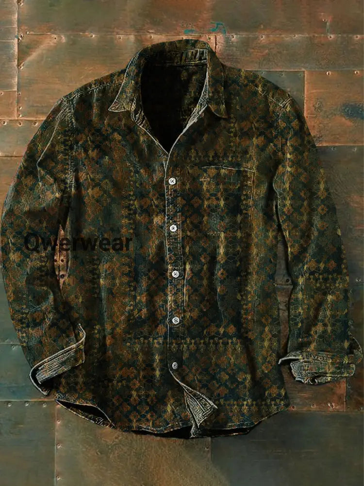 Unisex Men’s Vintage Western Gold Geometric Pattern Abstract Print Casual Long Sleeve Shirt Green / S Mens shirts