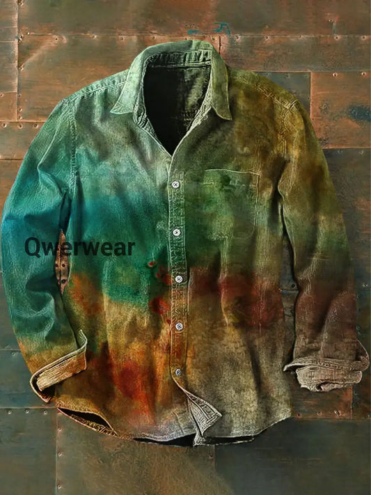 Unisex Men’s Vintage Western Gradient Green Abstract Print Casual Long Sleeve Shirt As picture / S Mens shirts