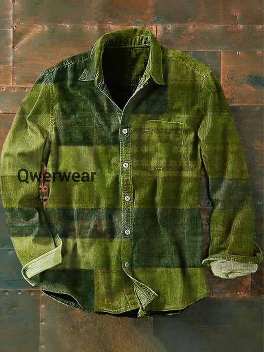 Unisex Men’s Vintage Western Gradient Green Color Block Abstract Print Casual Long Sleeve Shirt Green / S