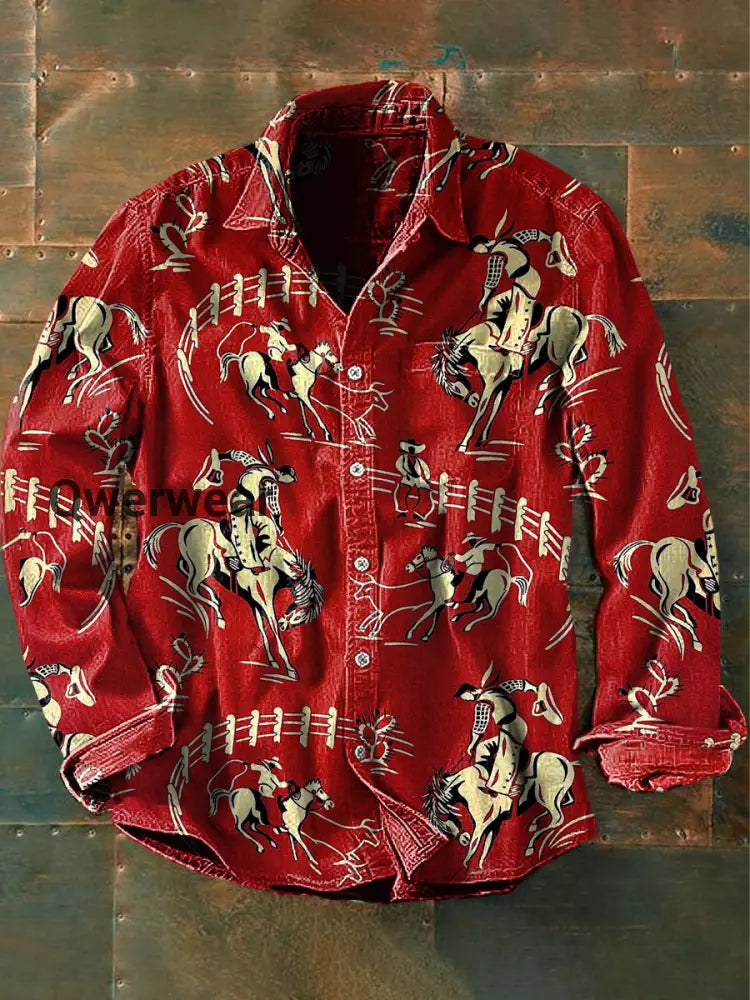 Unisex Men’s Vintage Western Horseback Riding Abstract Print Casual Long Sleeve Shirt Red / S Mens shirts