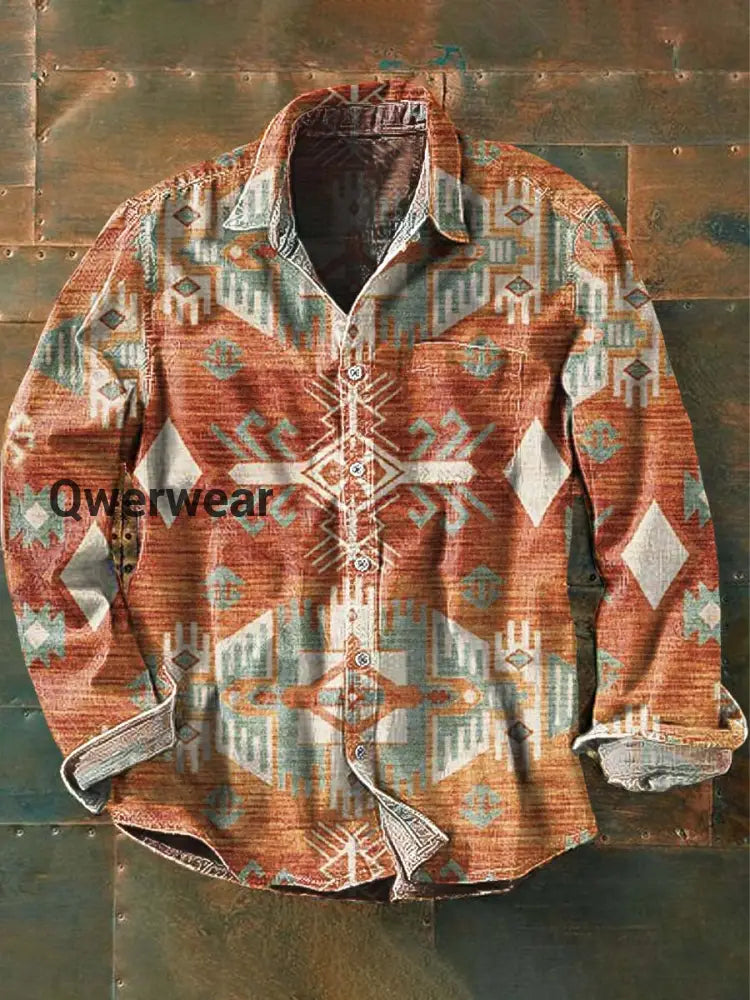 Men’s Vintage Western Pattern Print Casual Long Sleeve Lapel Shirt As picture / S