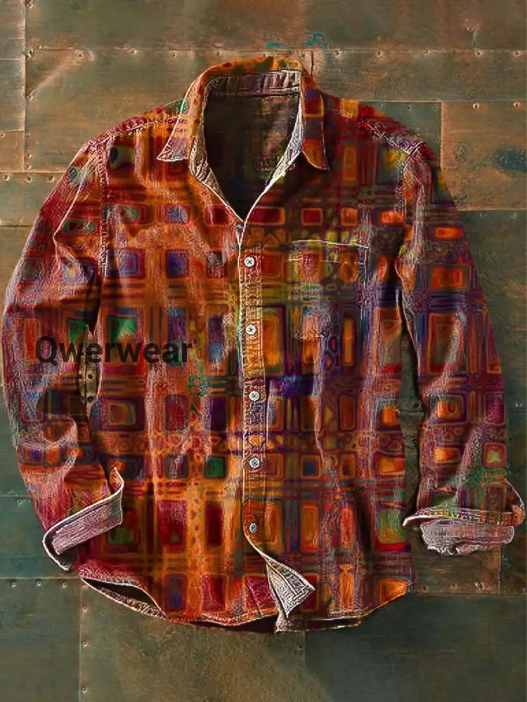 Men’s Vintage Western Pattern Print Casual Long Sleeve Lapel Shirt As picture / S Mens shirts