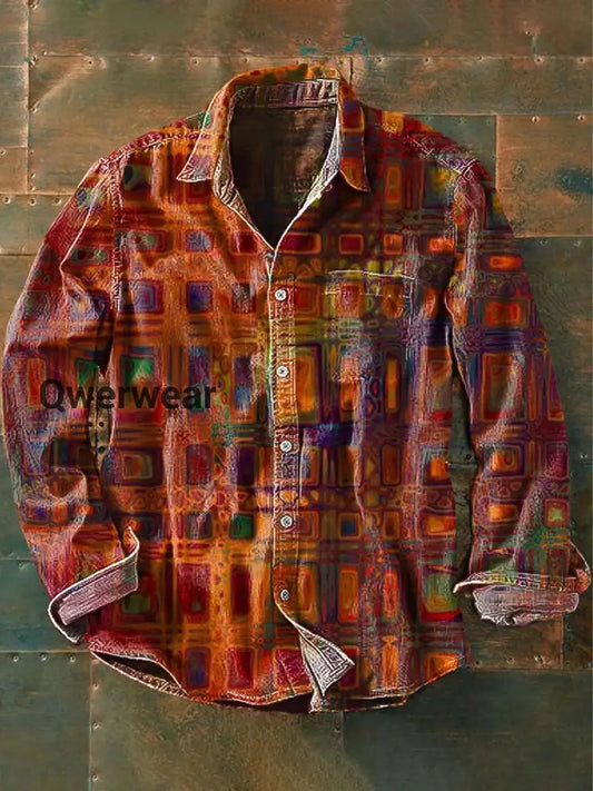 Men’s Vintage Western Pattern Print Casual Long Sleeve Lapel Shirt As picture / S Mens shirts