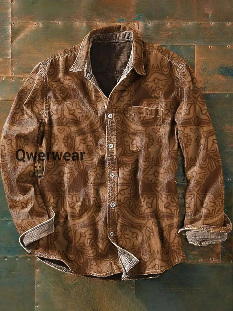 Men’s Vintage Western Print Casual Lapel Long Sleeve Shirt As picture / S Mens shirts